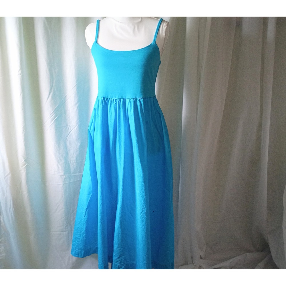 Turquoise Blue Spaghetti Strap Midi Dress Full Skirt Scoop Neck Women Summer